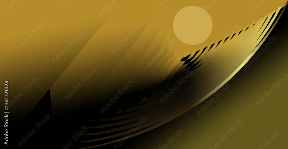 Poster composition of empty space, curved lines and geometric abstract fields with gradations of gold, brow