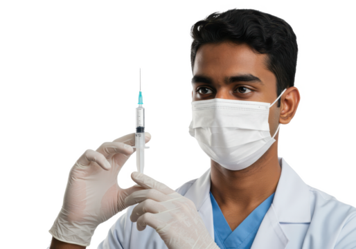 Young doctor wearing white medical mask and gloves holding syringe with coronavirus vaccine isolated on White background