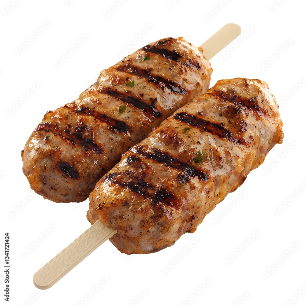 Poster Realistic image of a grilled sausage on a skewer isolated on a transparent background, created using Generative Ai