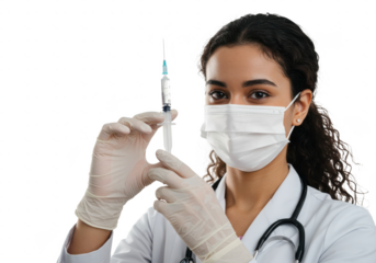 Young doctor wearing white medical mask and gloves holding syringe with coronavirus vaccine isolated on White background