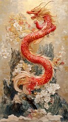 Majestic Dragon's Ascent: A vibrant representation of a mythical red dragon, scales glistening, ascending amidst a backdrop of stylized mountains and delicate flowers.