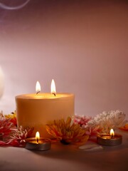 Celebration of Diwali or Deepavali holiday in India with candles and flowers in the evening at...