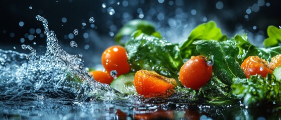 Background with bright splashes of water and fresh vegetables. Great for cooking blogs, food advertising and healthy eating.