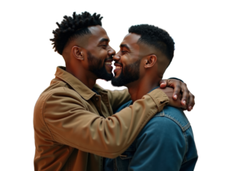 Galy couple, black man embracing another man in a warm and joyful connection indoors