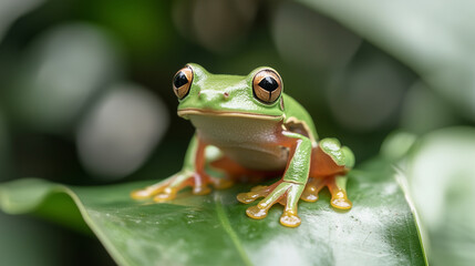 Fototapeta premium Close-up of a tree frog perched on a leaf in a tropical forest