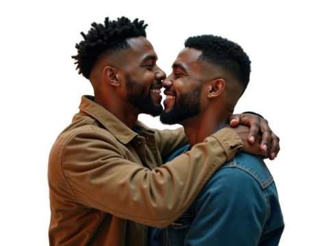 Galy couple, black man embracing another man in a warm and joyful connection indoors