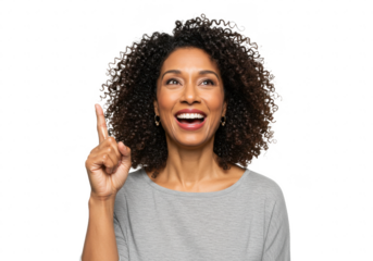 Photo of energetic nice smiling lady wearing grey top isolated on white background pointing her finger in eureka sign, having great innovative idea isolated on White background