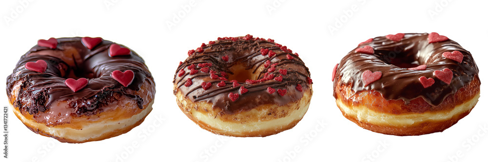 Poster on a transparent background, a chocolate donut is depicted with red heart-shaped sprinkles, generate