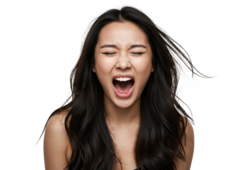 Indoor photo of young beautiful woman isolated on white background screaming loudly with emotional expression on face with eyes closed and mouth open wide isolated on White background