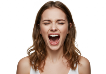 Indoor photo of young beautiful woman isolated on white background screaming loudly with emotional expression on face with eyes closed and mouth open wide isolated on White background