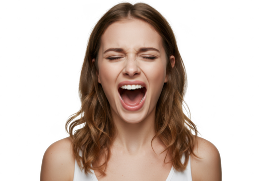 Indoor photo of young beautiful woman isolated on white background screaming loudly with emotional expression on face with eyes closed and mouth open wide isolated on White background