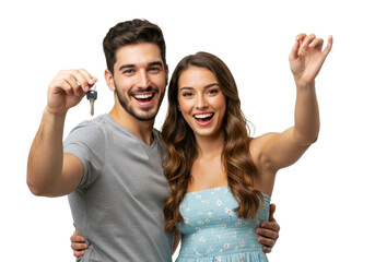 Young happy couple hugging, showing keys to new house isolated on White background