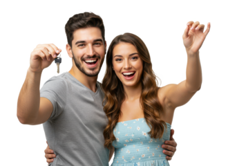 Young happy couple hugging, showing keys to new house isolated on White background