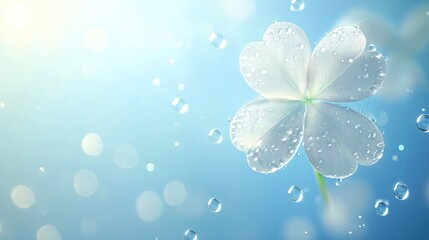 magical four-leaf clover, glowing, floating in the blue sky, dewdrops, soft light, photorealistic