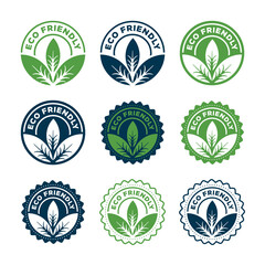 Eco-friendly logos and badges with leaves in round shape