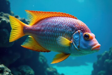 Fototapeta premium Colorful fish swimming with vibrant scales in clear blue ocean water, movement, underwater