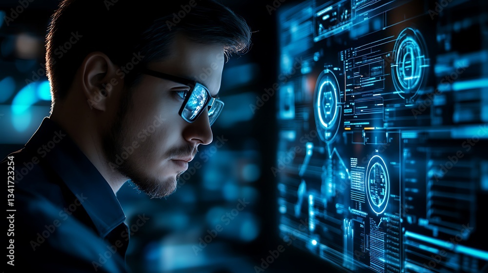 Poster a businessman analyzing a tablet displaying holographic cybersecurity data--firewall logs, malware t