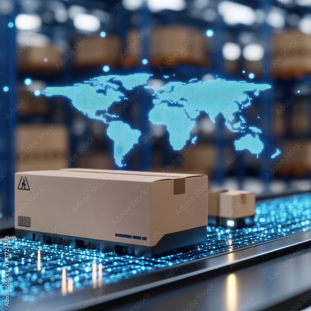 Poster global logistics: a futuristic depiction of automated package delivery, showcasing boxes moving on a