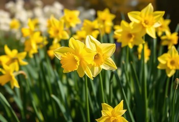 Golden daffodils blooming vibrantly in a spring garden, sun, bloom