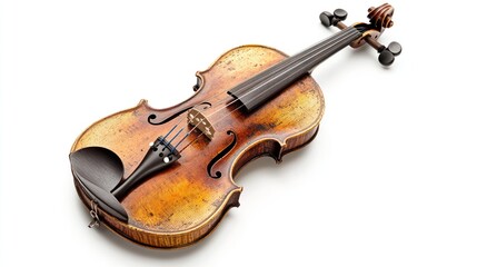 Obraz premium A vintage violin with a slightly worn varnish and intricate scrollwork, isolated on a white background