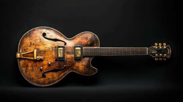 A vintage hollow-body jazz guitar with f-holes and golden tuning pegs, isolated on a black background.