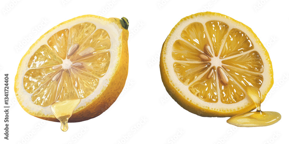 Poster a generative ai-created illustration of a lemon slice, fresh and juicy with golden juice dripping, i