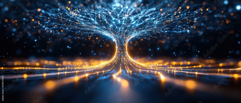 Poster a vibrant, luminous tree structure with glowing branches and a dark background creates a captivating