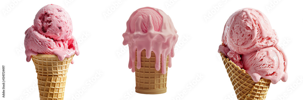 Poster A melting pink ice cream scoop, complete with a waffle cone and a dripping texture, stands alone on a transparent background, the result of Generative Ai