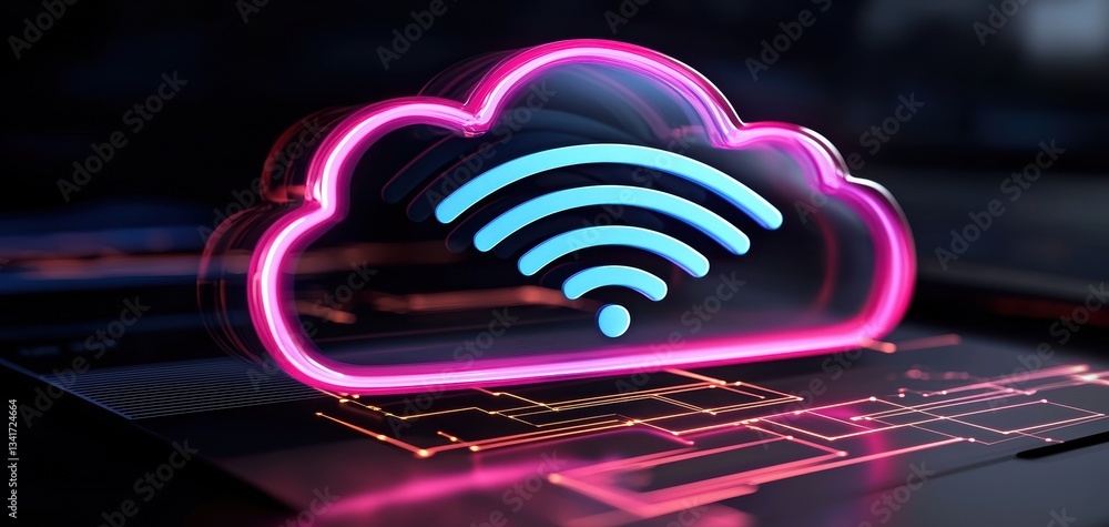 Poster digital illustration of a neon cloud symbolizing cloud computing with wireless signals, representing