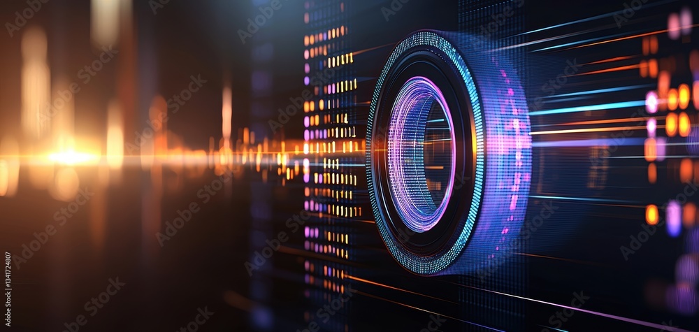 Poster abstract digital design with circular elements and light streaks, conveying a sense of motion and te