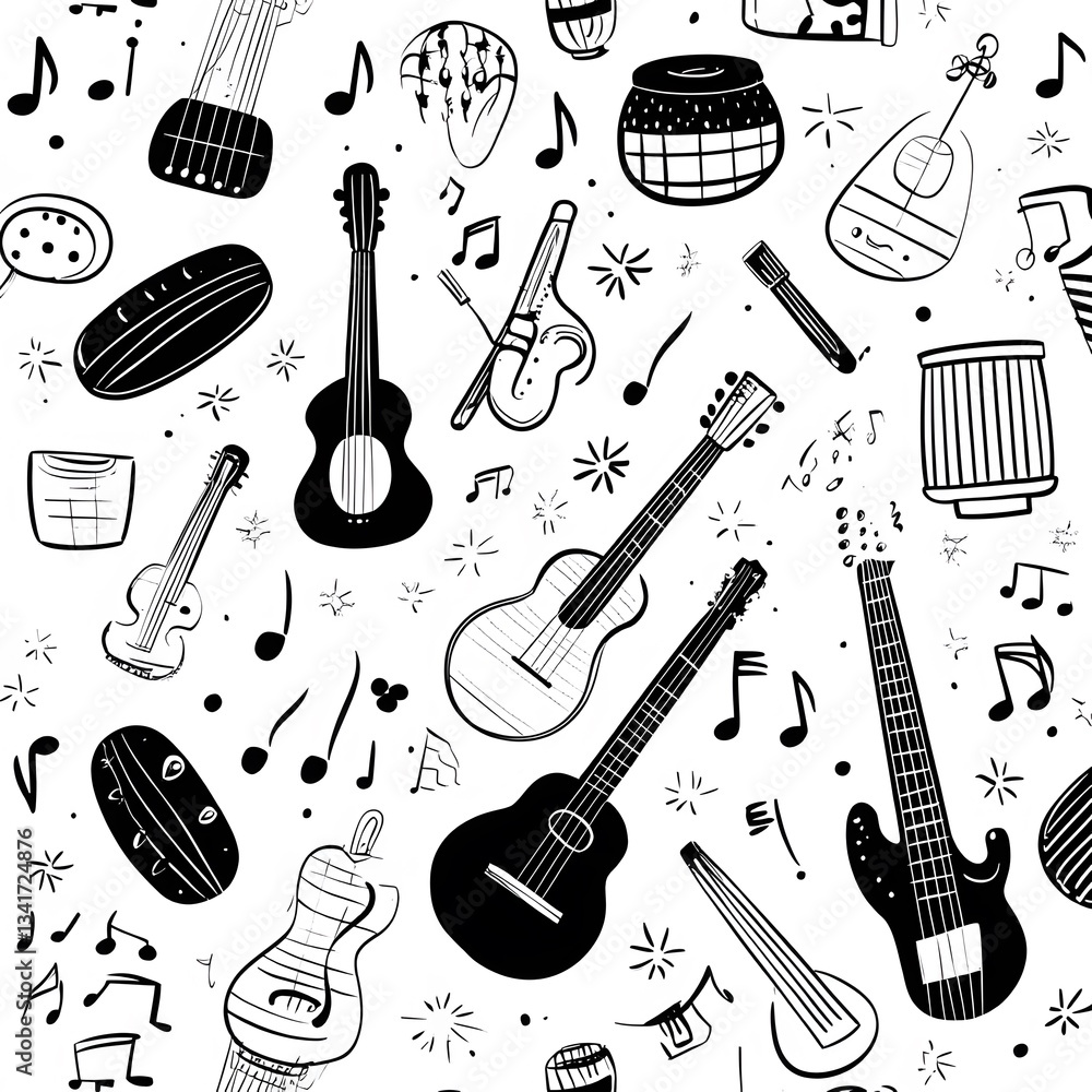 Poster a hand drawn doodle style pattern of various musical instruments scattered randomly.