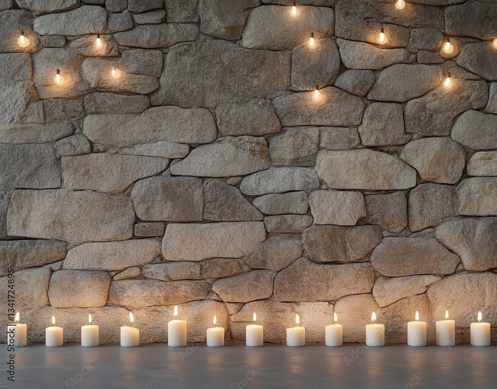 Poster a cozy setting featuring a stone wall adorned with string lights and a row of lit candles on a smoot