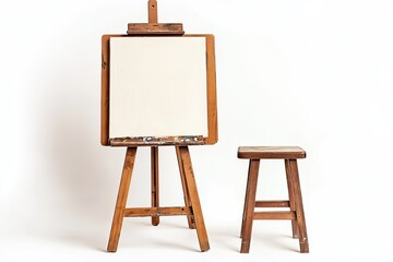 Art studio setup an easel and a wooden stool are shown isolated on a white