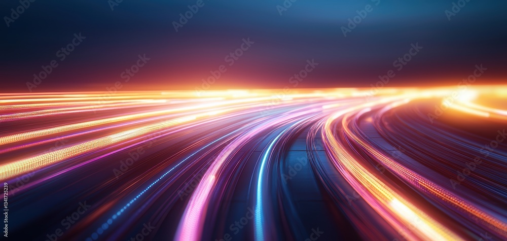 Poster dynamic light trails create an abstract scene of movement and color against a dark background, symbo