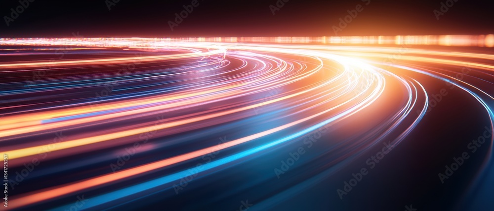 Poster dynamic light trails create a vibrant, flowing pattern against a dark background, suggesting speed a