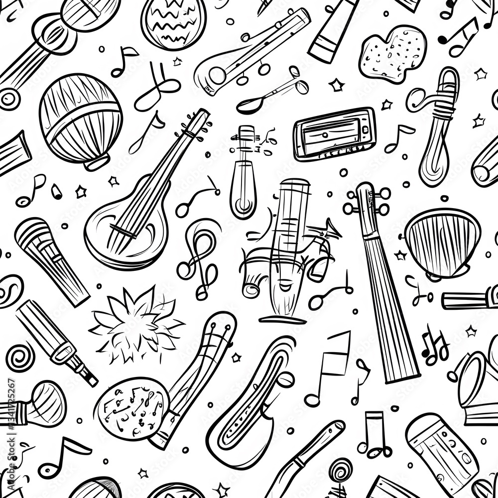 Poster a hand drawn doodle style pattern of various musical instruments scattered randomly.