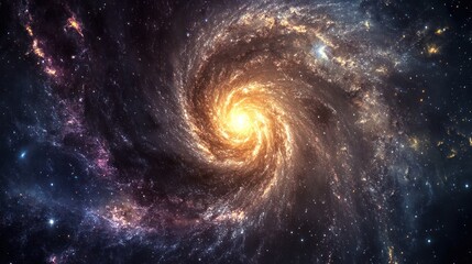 A vivid cosmic canvas showcasing a spiral galaxy with glowing nebulae and scattered stars in deep space.