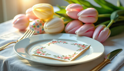 Blank paper napkin with floral border on a dinner plate