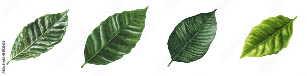 Poster a detailed and realistic green leaf with a glossy texture and prominent veins is showcased on a tran