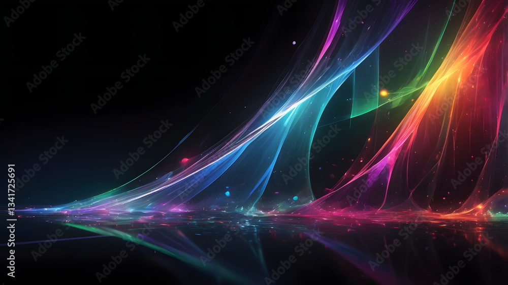 Poster vibrant light abstraction: a mesmerizing abstract artwork featuring dynamic, swirling lines of rainb
