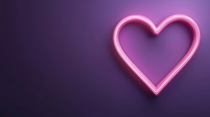 A glowing pink heart neon sign against a dark purple background, perfect for Valentine's Day promotions, romantic themes, or digital content about love and relationships,