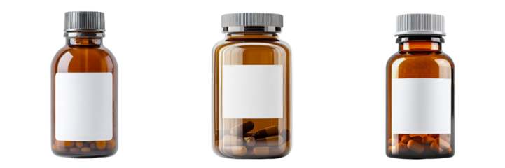 On a transparent background, an amber glass bottle containing medicine is displayed, having a white cap and a blank white label, all generated by Generative Ai
