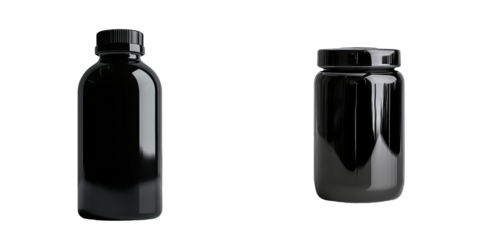 A supplement or pharmaceutical bottle, characterized by its black plastic composition and screw cap, stands out against a transparent background in this image produced by Generative Ai