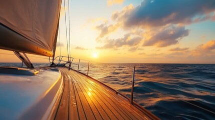 A serene sunset view from a sailing yacht, capturing the warm hues of the sky reflecting on the ocean's surface, Ideal for travel, lifestyle, or nautical themes in marketing materials,