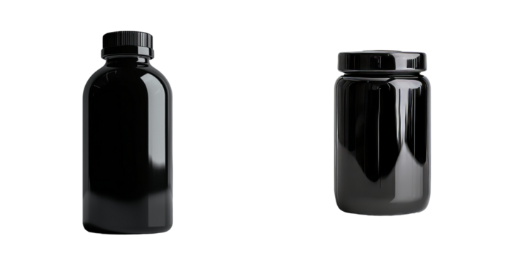 A supplement or pharmaceutical bottle, characterized by its black plastic composition and screw cap, stands out against a transparent background in this image produced by Generative Ai