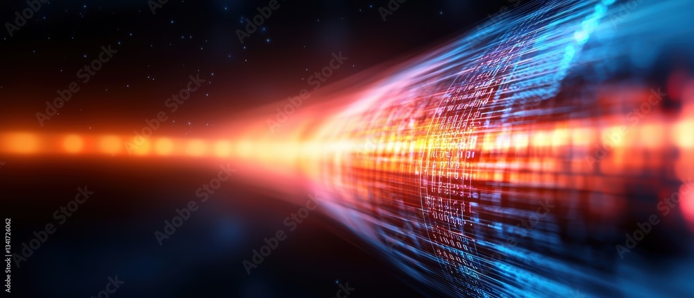 Poster dynamic digital abstraction depicting streams of light and data, suggesting speed and technology.