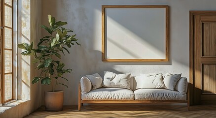 Cozy Living Room Corner With Sunlight, a Plant, and a Blank Frame on the Wall