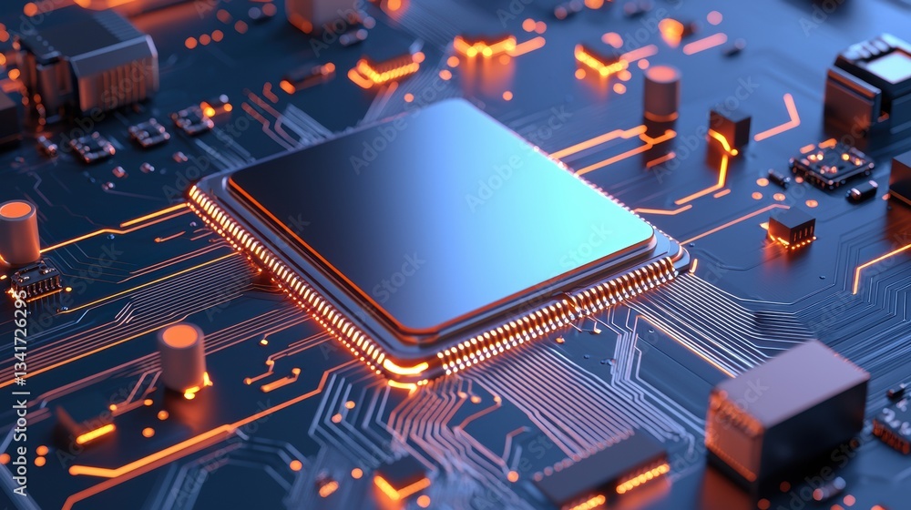 Poster close-up of a computer circuit board featuring a central processor and intricate wiring, highlightin