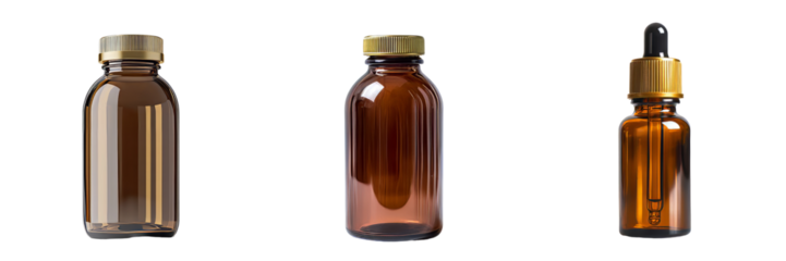 Generative Ai has created an image of an amber glass bottle, complete with a gold screw cap, for use in the pharmaceutical or cosmetic industry, set against a transparent background