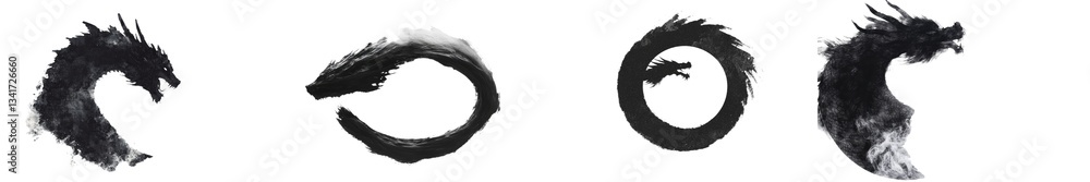 Poster the abstract image of a black dragon in a circular shape with ink splatter, isolated on white, is an